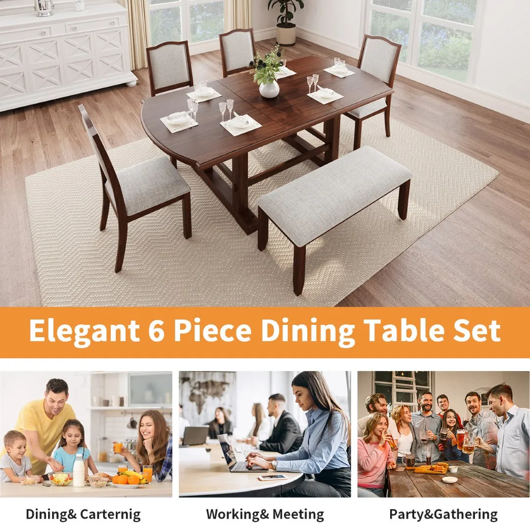 6-Piece Extendable Wood Dining Table Set, 60-78", Cherry Finish, Includes 4 Chairs, Bench - Seats 6