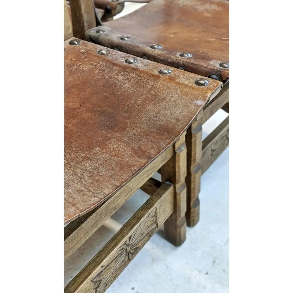 Vintage Dining Chairs - 8 x Spanish Colonial Studded Leather Sling